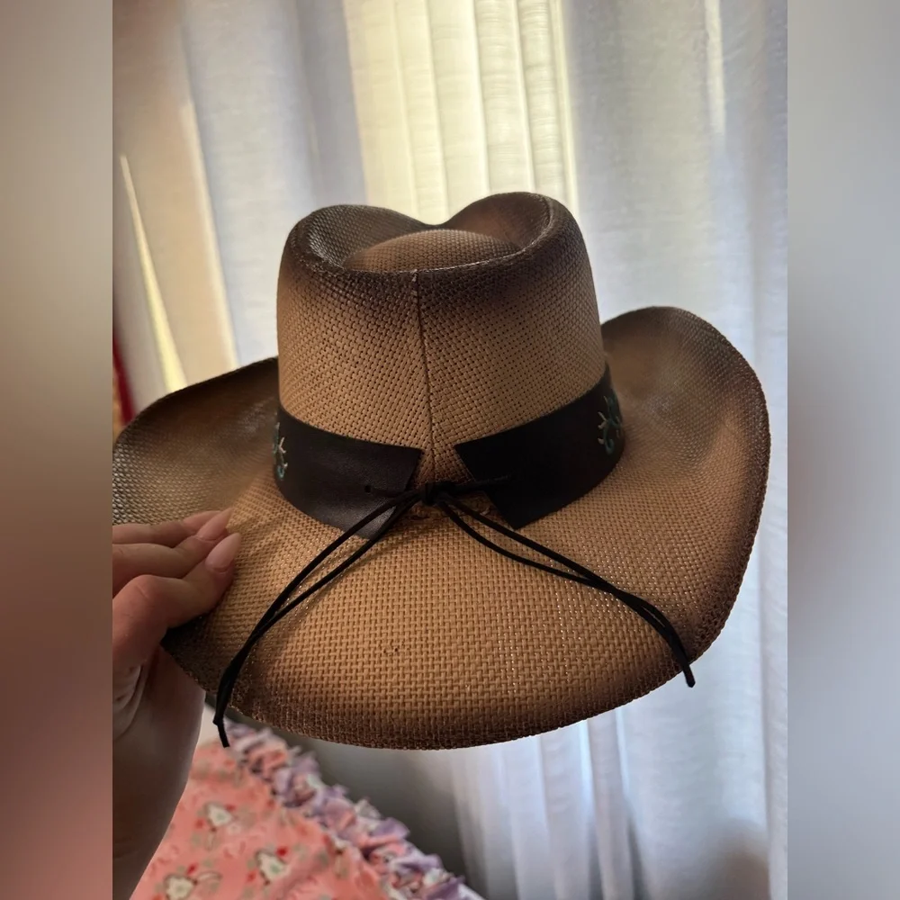 Milani Tan Cowboy Hat with Turquoise Accents - Picture 8 of 9